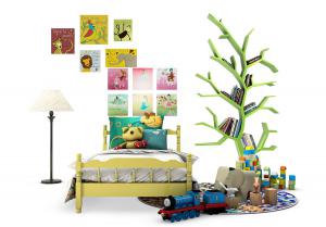 欧式儿童实木单人床、大树书架、积木玩具组合