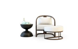 中式实木布艺休闲椅、脚踏组合