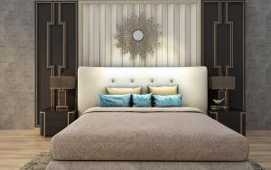 新中式软包靠背双人床、床头柜组合