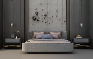 新中式灰色布艺软包双人床、床头柜饰品组合