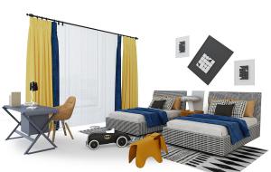 儿童单人床、窗帘、书桌椅组合