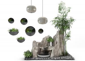 中式植物墙、石头假山和竹子庭院水景