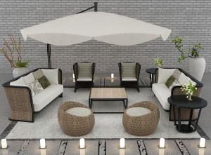 新中式藤编沙发、坐墩、遮阳伞庭院景观