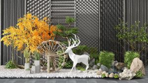 北欧水车、石头、麋鹿和植物庭院水景