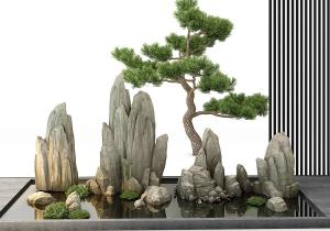 中式园林石头假山、迎客松庭院水景