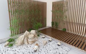 中式园林景观假山、石头和竹子庭院水景