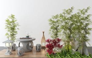 圆形石桌、鼓凳、假山和竹子庭院园艺小品