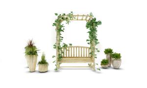 实木花架长椅、绿色花植庭院园艺小品