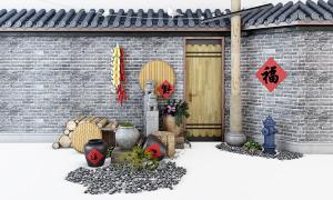 中式农家乐石狮子、酒坛和石头庭院园艺小品