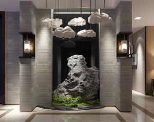 中式别墅门厅假山、壁灯和云朵灯庭院景观小品
