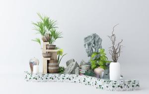 中式假山、陶罐干枝和水池庭院园艺小品