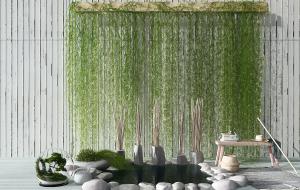 中式田园水池、木凳和植物墙庭院景观小品