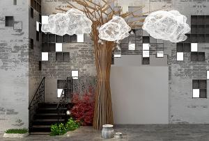 新中式木条造型的树木、云朵灯庭院景观小品