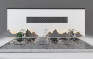 新中式山脉背景墙、水池喷泉庭院园艺小品