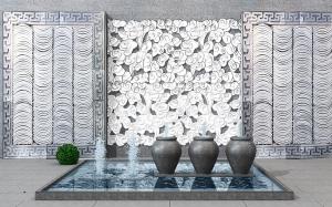 中式祥云瓦片造型背景墙、方形水池喷泉庭院园艺小品