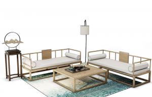 新中式实木沙发、茶几和落地灯组合