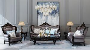 法式雕花沙发、茶几和吊灯组合