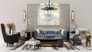 新古典沙发、茶几、人物雕塑和吊灯组合