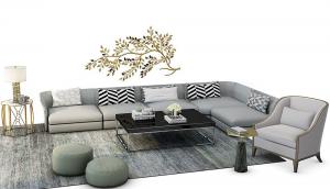 现代布艺沙发、茶几和单人沙发组合