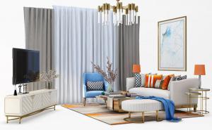 现代布艺沙发、茶几和休闲椅组合