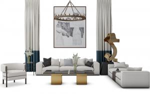 现代布艺沙发、茶几和窗帘组合