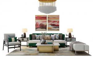 新中式沙发、茶几和休闲椅组合