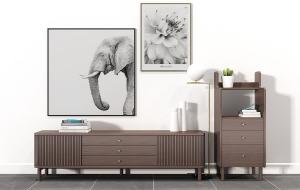 现代浅咖啡色实木竖条纹柜门电视柜