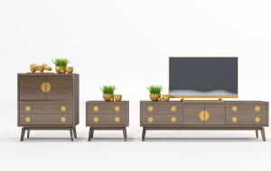 新中式圆形金属拉手实木电视柜、床头柜和边柜组合