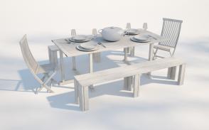 户外白色橡木长方形桌椅、长凳和餐具3d模型 户外白色橡木长方形桌椅、长凳和餐具