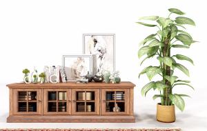 美式田字格玻璃柜门实木电视柜