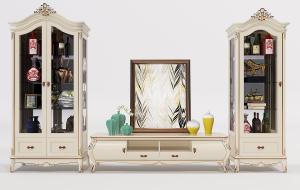 法式镶边雕花电视柜、玻璃柜门收纳柜组合