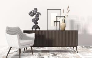 新中式竖条纹电视柜、假山摆件和休闲椅组合