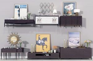 简欧深色电视柜、边柜和墙饰组合