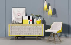 北欧小清新白色嵌套黄色轮廓、立体方格装饰电视柜