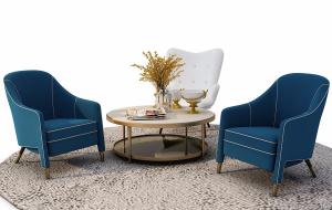 简欧白边蓝色布艺单人沙发