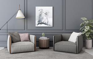 北欧布艺休闲单人沙发、落地灯和圆几