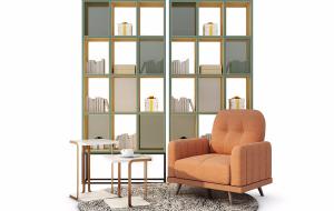 现代木质脚布艺单人沙发、方形边几