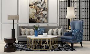 新中式布艺沙发、茶几和休闲椅组合