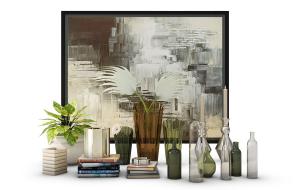 书籍、彩色玻璃花瓶、摆件、装饰画