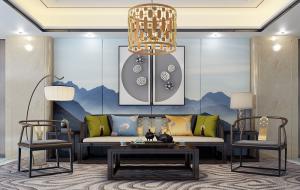 新中式实木沙发、茶几和装饰画组合