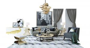 现代沙发、茶几、装饰画和电视柜组合