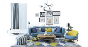 现代布艺沙发、茶几、电视柜和坐墩组合