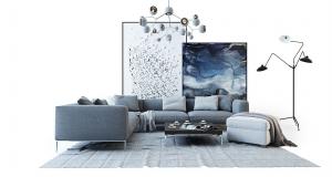 现代布艺沙发、茶几和落地灯组合