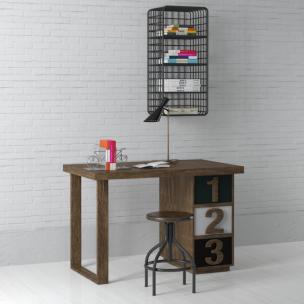 实木书桌、圆凳和铁艺收纳架组合3d模型 实木书桌、圆凳和铁艺收纳架组合