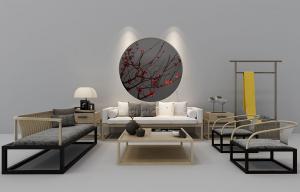 新中式沙发、茶几、圆形梅花枝墙饰组合