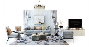 现代布艺沙发、茶几和窗帘组合