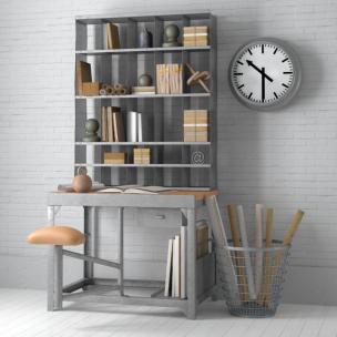 工业风金属拼接实木书桌、书架和钟表3d模型 工业风金属拼接实木书桌、书架和钟表