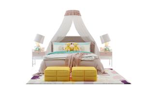 现代软包儿童床、床幔、床头柜组合