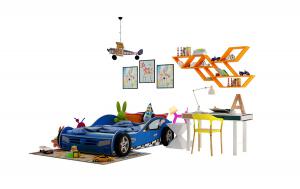 现代跑车造型儿童床、飞机吊灯组合