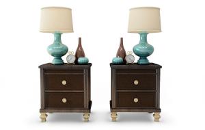 美式床头柜、陶瓷花瓶台灯、闹钟组合